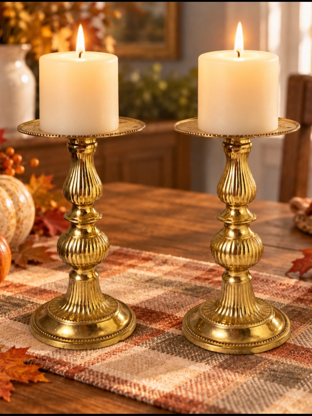 Vintage Elegant Expressions Solid Brass Pillar Candle Holders Pair 7” Ornate